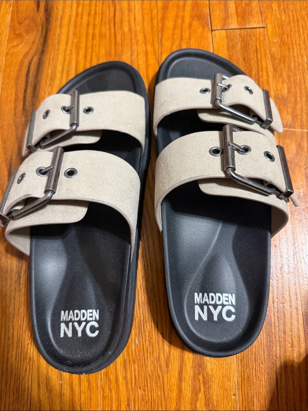 Madden NYC Women’s Beige Double-Buckle Slide Sandals